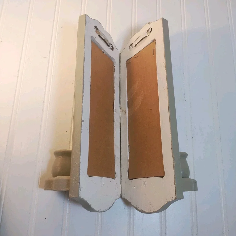 Pair Vintage Wood Gray Wall Candle‎ Sconce Mirror Farmhouse Cottage Painted 11